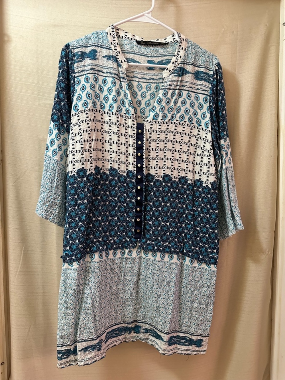 ZARA Basic Boho Print Mini Dress Blue White Tunic Flowy Large Summer Resort